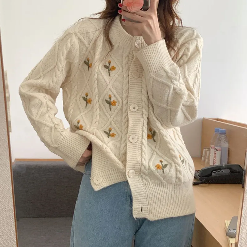 

2021 New Autumn Winter Women's Sweaters Casual Buttons Long Sleeve Cardigans Women Hand Embroidery Flowers Knitted Coats