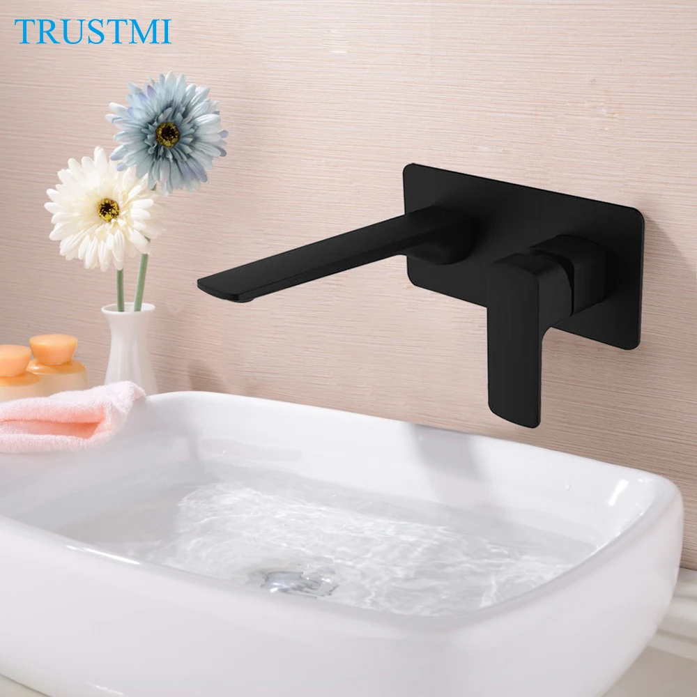 

Brass Concealed Bathroom Basin Mixer Tap Single Lever Single Hole Wall Mounted Sink Mixing Faucet Black or Chrome, 12-051