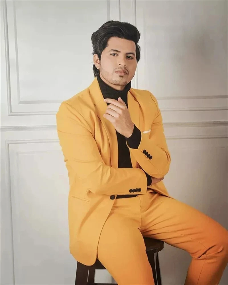

New Design 2pcs Men Suits Sets Slim Fit Notch Lapel Coat Custom Made Yellow Blazer Trousers Wedding Party Wear Male Jacket+Pants