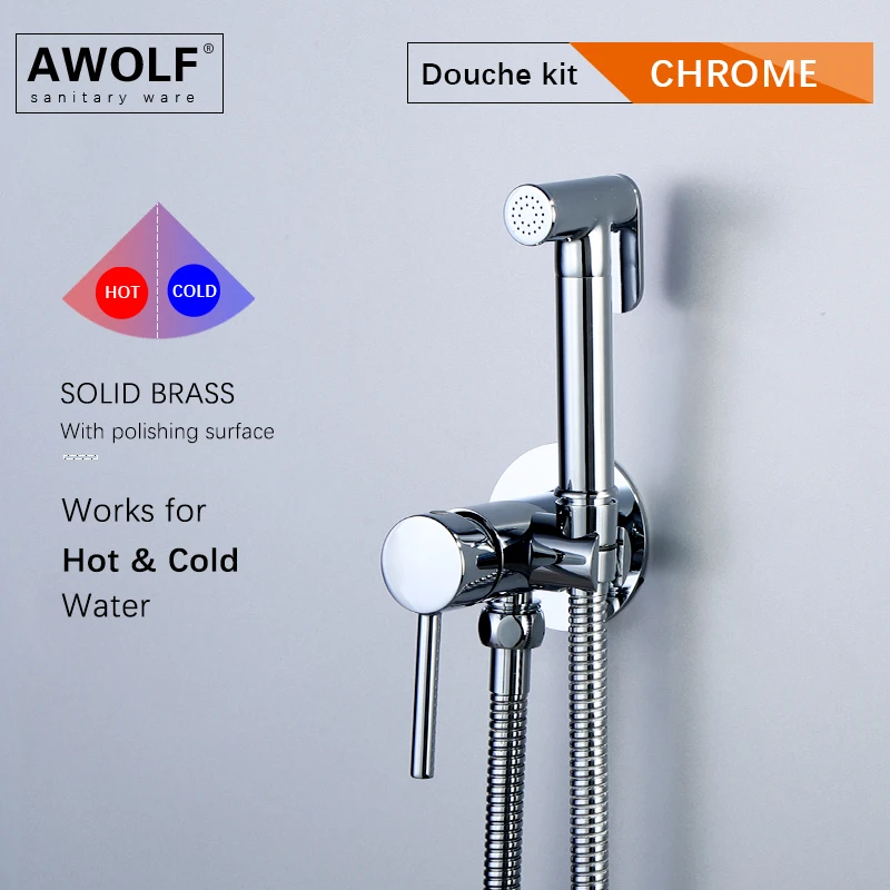 Awolf 6 Colors Solid Brass Toilet Bidet Sprayer Chrome Hot And Cold Hygienic Shower Mixer Muslim Toilet Anal Shower AP2235