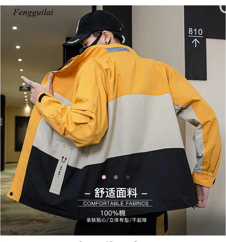 Hip Hop Patchwork Men Color Block Coat 100%cotton Jackets Stand Collar Letter Embroidery Spring Autumn Casual Street Wear