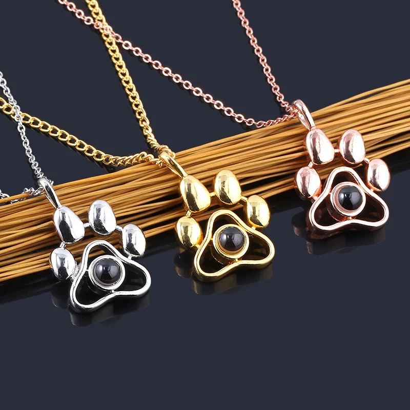 2020 Cat Dog Paw Pet Photo Projection Pendant Necklace Footprints 100 languages I Love You Choker Necklace for Women Men Jewelry view 3