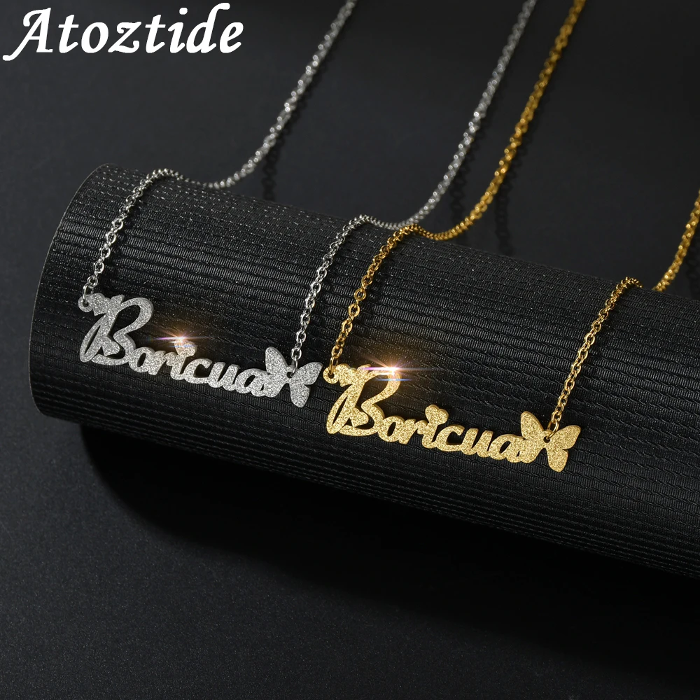 Atoztide 2022 dostosowane stal nierdzewna matowy naszyjnik z imieniem motyl spersonalizowana litera Choker wisiorek tabliczka znamionowa prezent