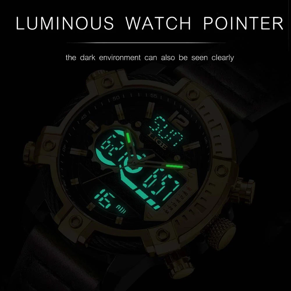 LIGE Military Mens Watches Top Brand Luxury Sport Watch Men Waterproof Digital Alarm Watch For Men Dual Display Quartz Clock+Box