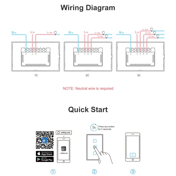 Sonoff T2 Funziona con Google Home Alexa US Smart WiFi RF Telecomando Interruttore della luce da parete Pannello Interruttore della luce tattile da parete 1/2/3Gang