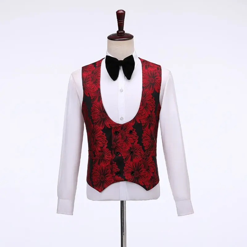 Costume Homme 2023 New 3 Piece Red Suit Men Terno Masculino Jacquard Men Suits Tuxedo Prom Party Suits Floral Wedding Groom Suit