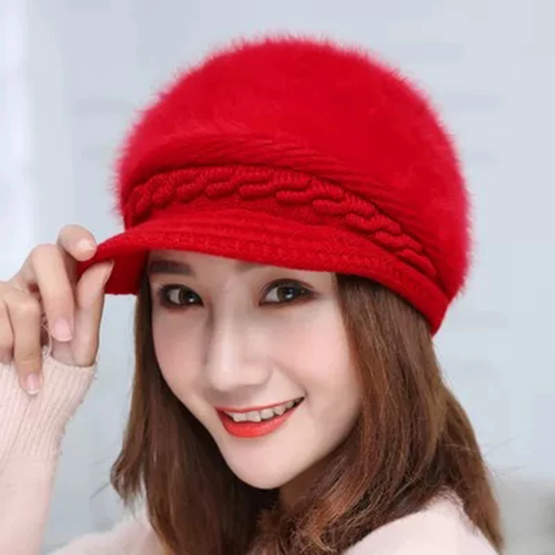 FashionWomen Hats For Cold Winter Crochet Slouchy Beanies Solid Knitted Caps Rabbit Fur Lady Winter Visor Brim Beanie Hat