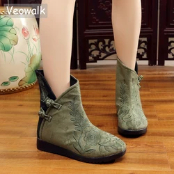 Veowalk Vintage Winter Autumn Women Cotton Fabric Short Ankle Boots Comfortable Soft Ladies Booties Embroidery Shoes Green Beige