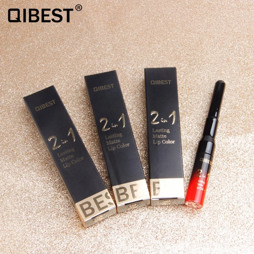 Qibest Double Head Lip Gloss Tint Liner กันน้ำ Nude แต่งหน้า Lipgloss ยาวนาน Matt สีม่วงสีแดง Liquid ลิปสติก