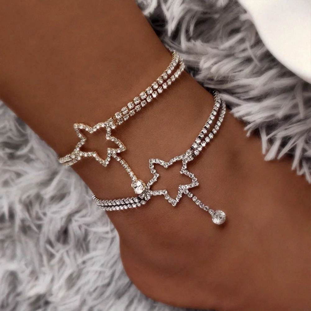 Silver Color Hollow Crystal Star Heart Pendant Anklets For Women Bling Rhinestone Summer Beach Tennis Ankle Chain Foot Jewellery