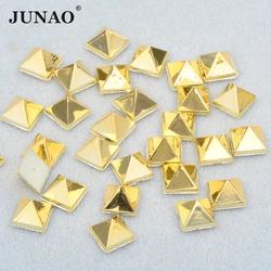 JUNAO 8mm Gold Color Pyramid Studs Spikes Plastic Square Punk Rivets Decorative Glue On Studs Rivets for Leather Clothes Craft