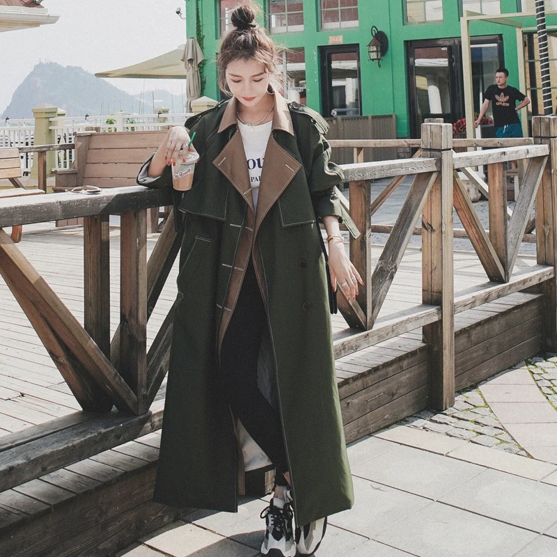 New Fashion Armygreen Fake Two-piece Double breasted Windbreaker Women\'s Clothing 2023 Spring Autumn Long Trench Coats D820