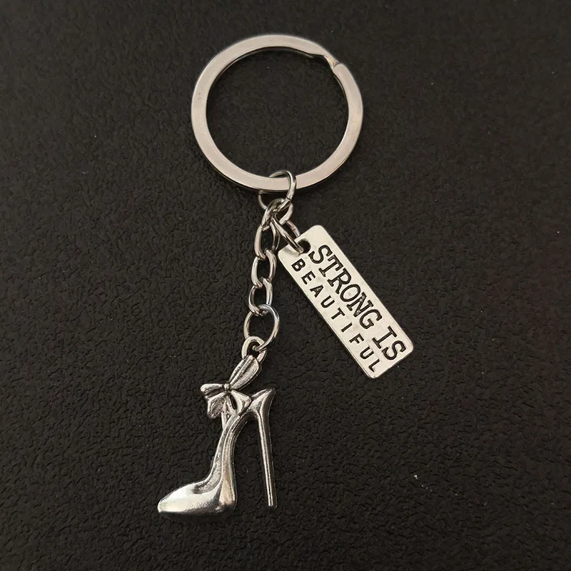 2019 Barbell Dumbbell High Heels Fitness Beauty Women Keychain Keyring Fashion STRONG IS BEAUTIFUL Key Chains Jewelry Gift