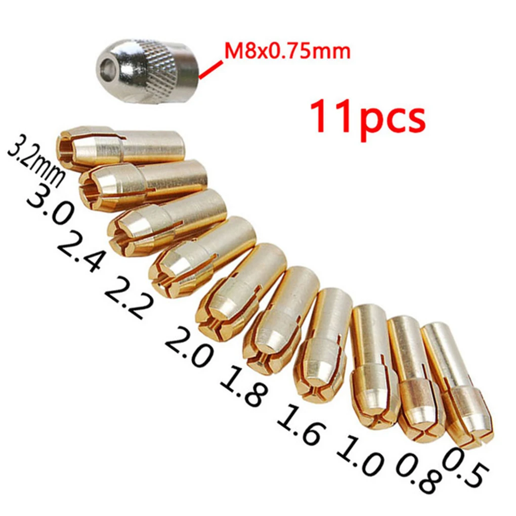 Sıcak 11 adet/takım pirinç matkap Chucks Collet uçları 0.5-3.2mm 4.8mm Shank vida somunu yedek Dremel döner aracı