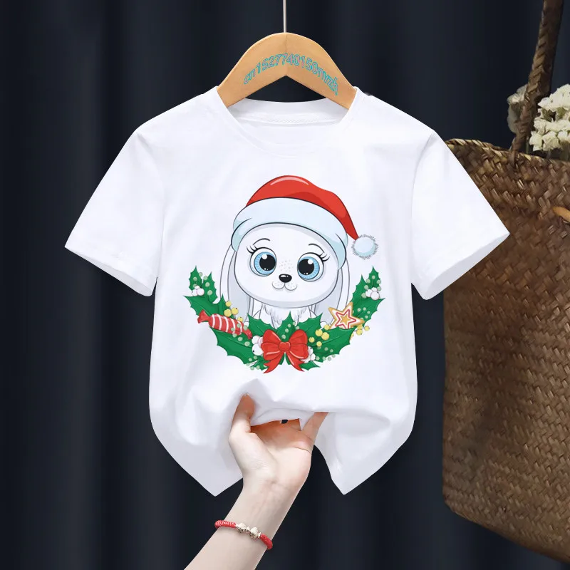 Merry Christmas Deer Cartoon Cute White Kid T-shirts Children Summer Girl Gift Present Clothes Boy Animal TOps Tee,Drop Ship