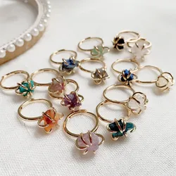 Natural Crystal Rings for Women Wedding Party Jewelry Flower Agates Fluorite Amazonite Rock Quartz Stone Pink Crystal Ring Reiki