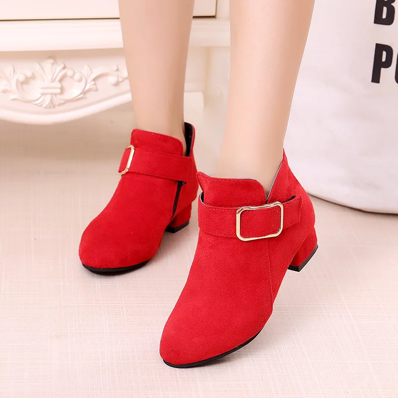 Girls Tide Boots Shoes Spring Autumn Flock Leather Children Boots Fashion Kids Boots Warm Winter Boots Botas High Heels Buckle