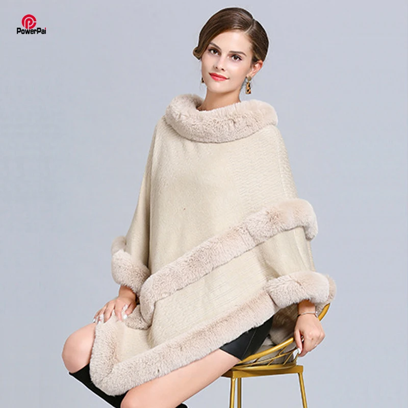 

Fashion Soft Faux Rex Rabbit Fur Pullover Poncho Knit Acrylic Cashmere Sweater Coat Cape Shawl Women Autumn Winter Cloak