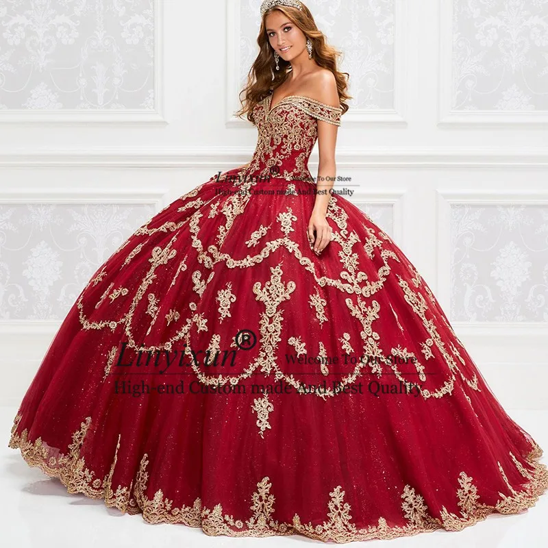 Red Ball Gown Quinceanera Dresses With Gold Appliqued Sequins Lace Up Sweet 16 Dress Long Off The Shoulder vestidos de 15 años