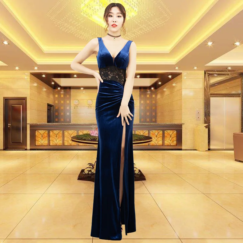

2021 New Evening Women's Sexy Hollow Gold Velvet Evening Dress Long Skirt Nightclub Low-Cut Nightclub Dress Temperament V-Neck W