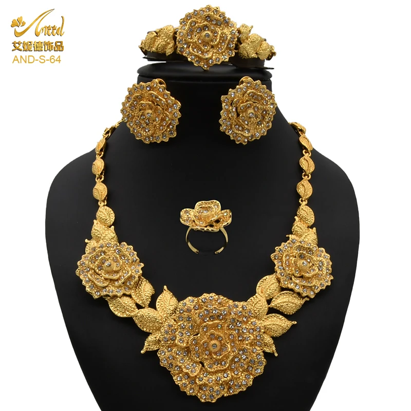 

ANIID Indian Jewellery Set Party Wedding Dubai Gold Color Jewelry For Women Necklac Bracelet Earring Gift Nigeria Ethiopian