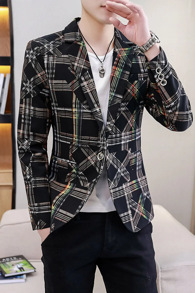 2021 New Plaid Blazers Men Slim Fit Business Casual Suit Jacket Korean Wedding Social Office Dress Coat Streetwear Costume Homme