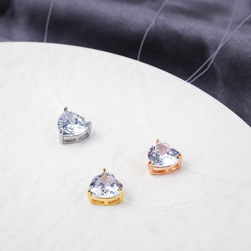 Cute Love Heart Zircon Choker Necklace Transparent Fishline Design Feminine Bridal Jewelry Pendant for Women
