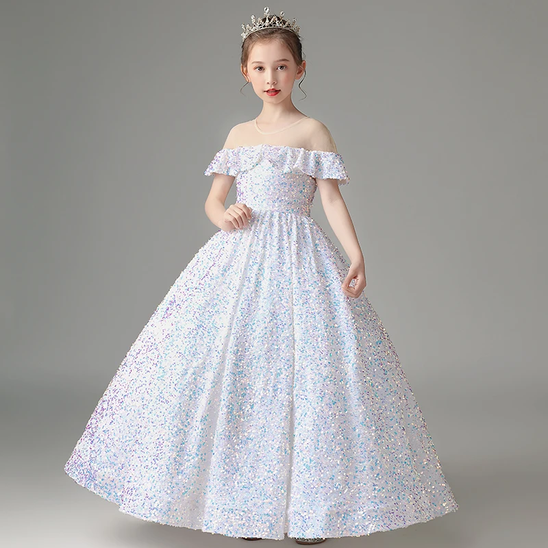 Shining Sequins Flower Girls' Dresses Sheer Neckline Sparkling Shining Sequins Fabric Ball Gown Girls' Party Gowns