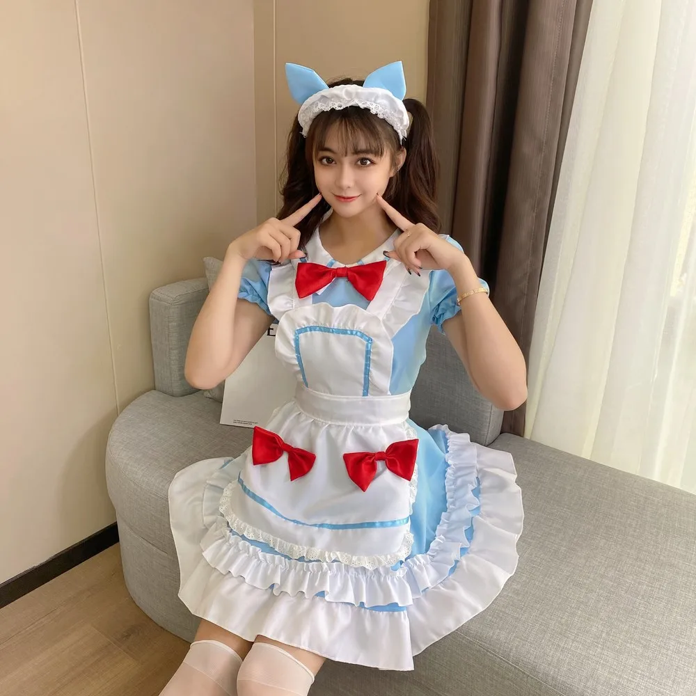 Women Maid Outfit Anime Cute Cat Blue Lace Trim Apron Cat Paw Lolita Dresses Cosplay Costume Full Set Plus Size