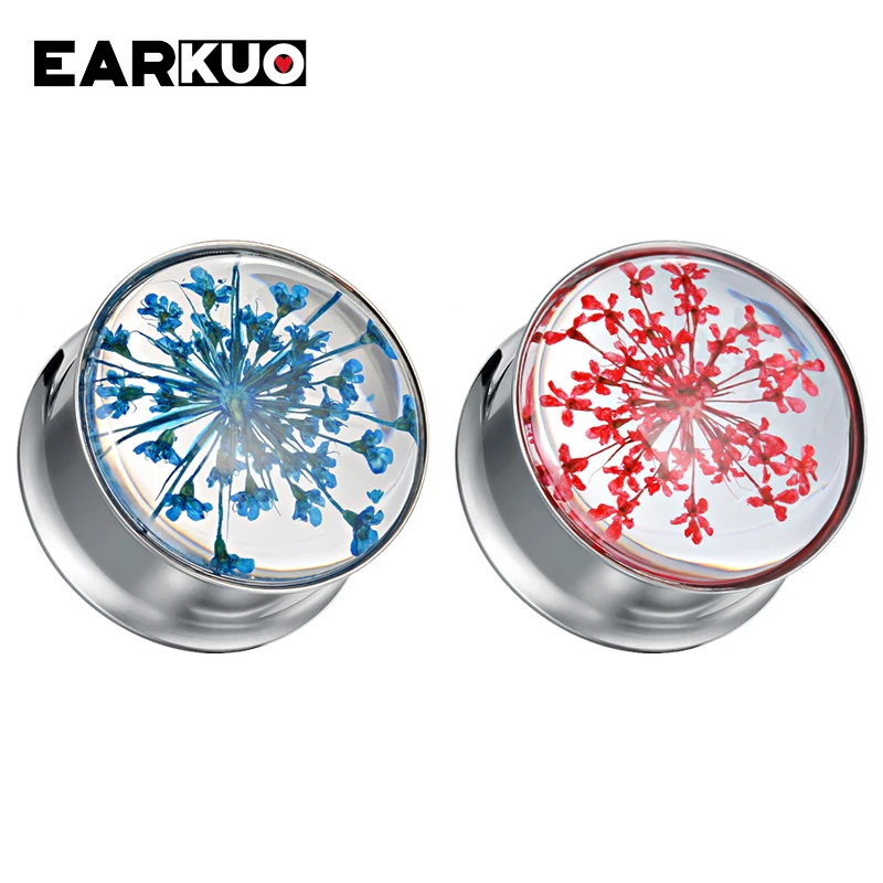 EARKUO Top Quality Stainless Steel Flower Fan Shape Ear Gauges Stretchers Expanders Body Piercing Jewelry Ear Tunnels Plugs 2PCS