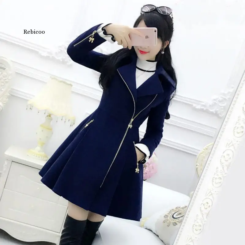 

Women Coat Dark Blue Zipper Long-Sleeved Woolen Coat Women's Mid-Length Slim Winter Women