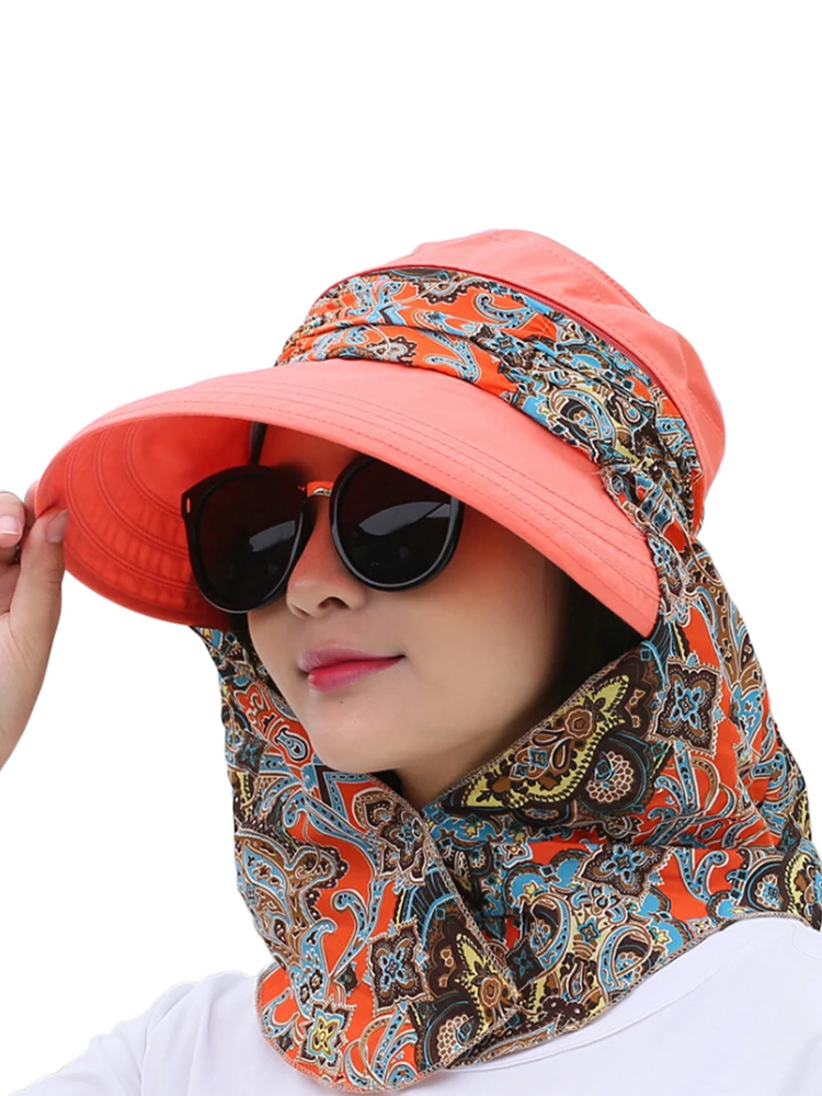 Lady Women Summer Outdoor Hat Cap Riding Anti-UV Sun Hat Beach Foldable Sunscreen Floral Print Caps Neck Face Wide Brim Hat