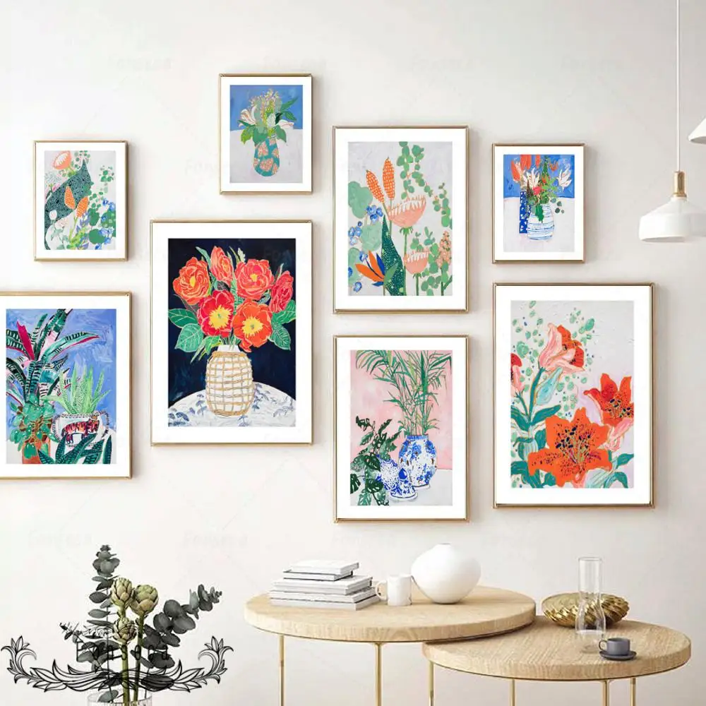 Abstract Nordic Leaf Flowers Potted Plant Poster Wall Art Peony Hibiscus Rosa-Sinensis Canvas Painting Modern Home Decor