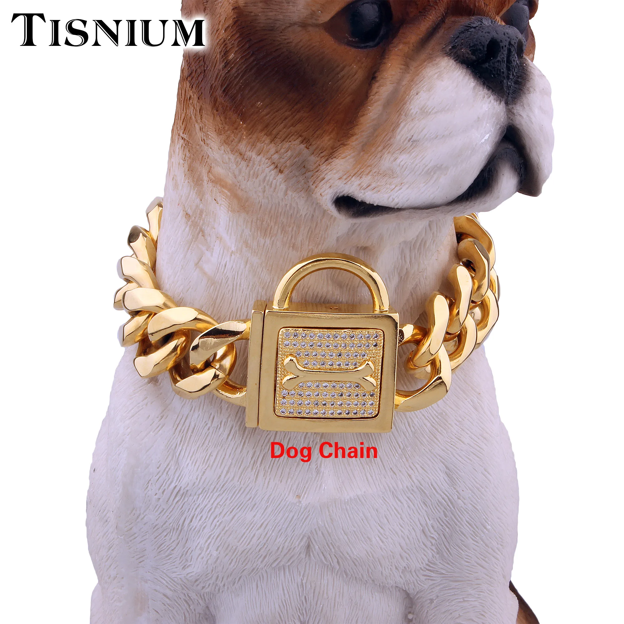 

19mm Fashion Dog Collar Choker Pet Supplies Gold Color 316L Stainless Steel Dog Chain Safety Training Rope Bone Lock Wholesale