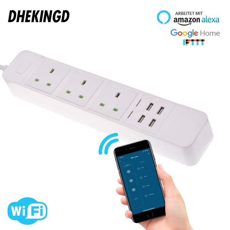 Wifi Smart Power Strip 3 UK Outlets Plug with 4 USB Fast Charging Port App Control Work with Alexa Google Home Assistant