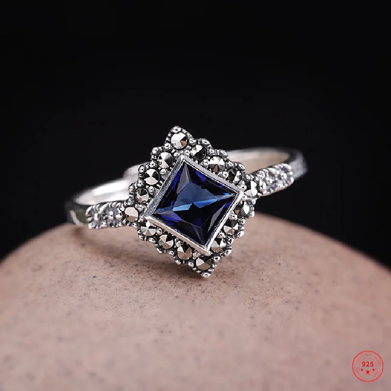 

100% S925 Sterling Silver Ring Popular National Fashion Inlaid Marcasite Pure Argentum Blue Corundum Adjustable Ring For Women