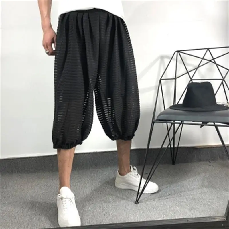 

Men's Knickerbockers Summer New Black Mesh Yamamoto Style Classic Cool Casual Loose Oversized Pants