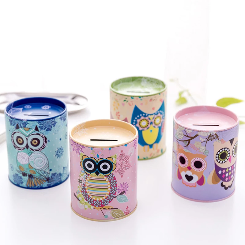 Cartoon Owl Shape Piggy Bank Desktop Decoration Tinplate Money Coins Saving Box Cash Storage Container Boys Girls Gifts