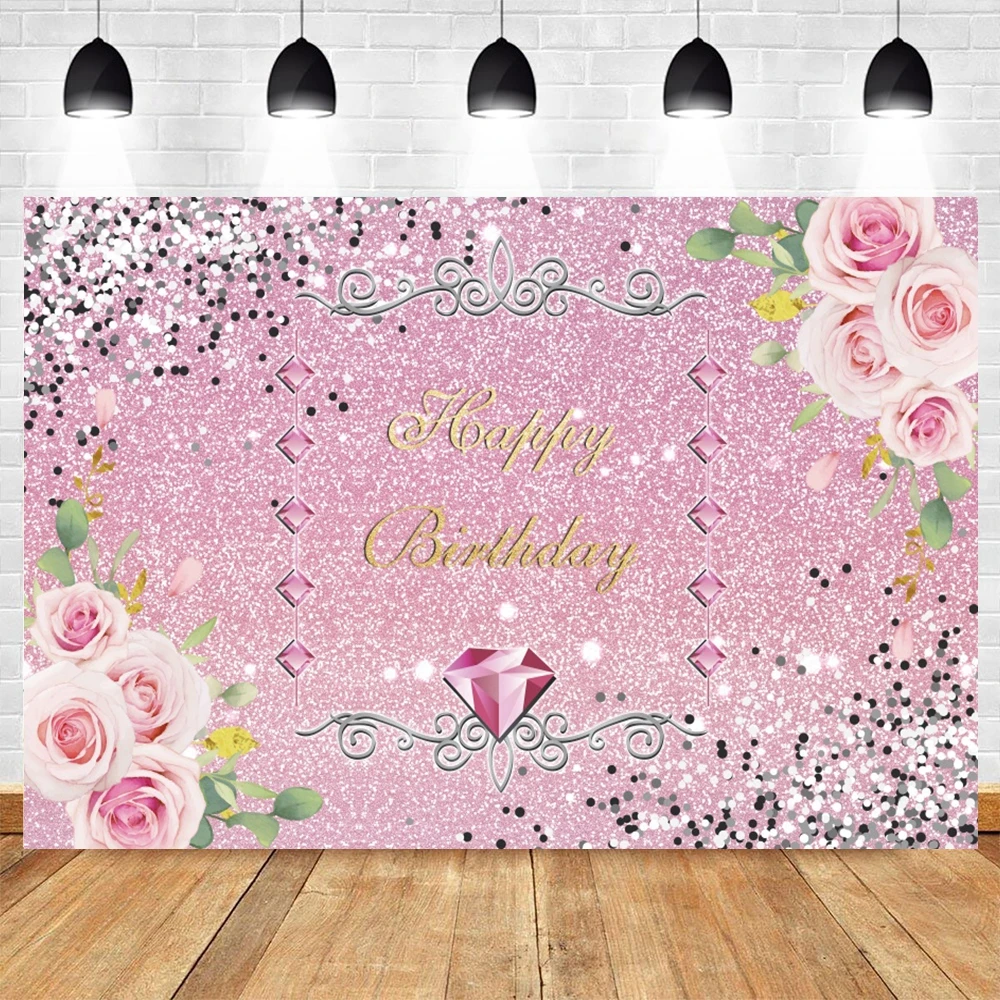 Happy Birthday Party Baby Aldult Photography Background Pink Rose Glitter Diamond Customizable Backdrop For Photo Studio Shoot