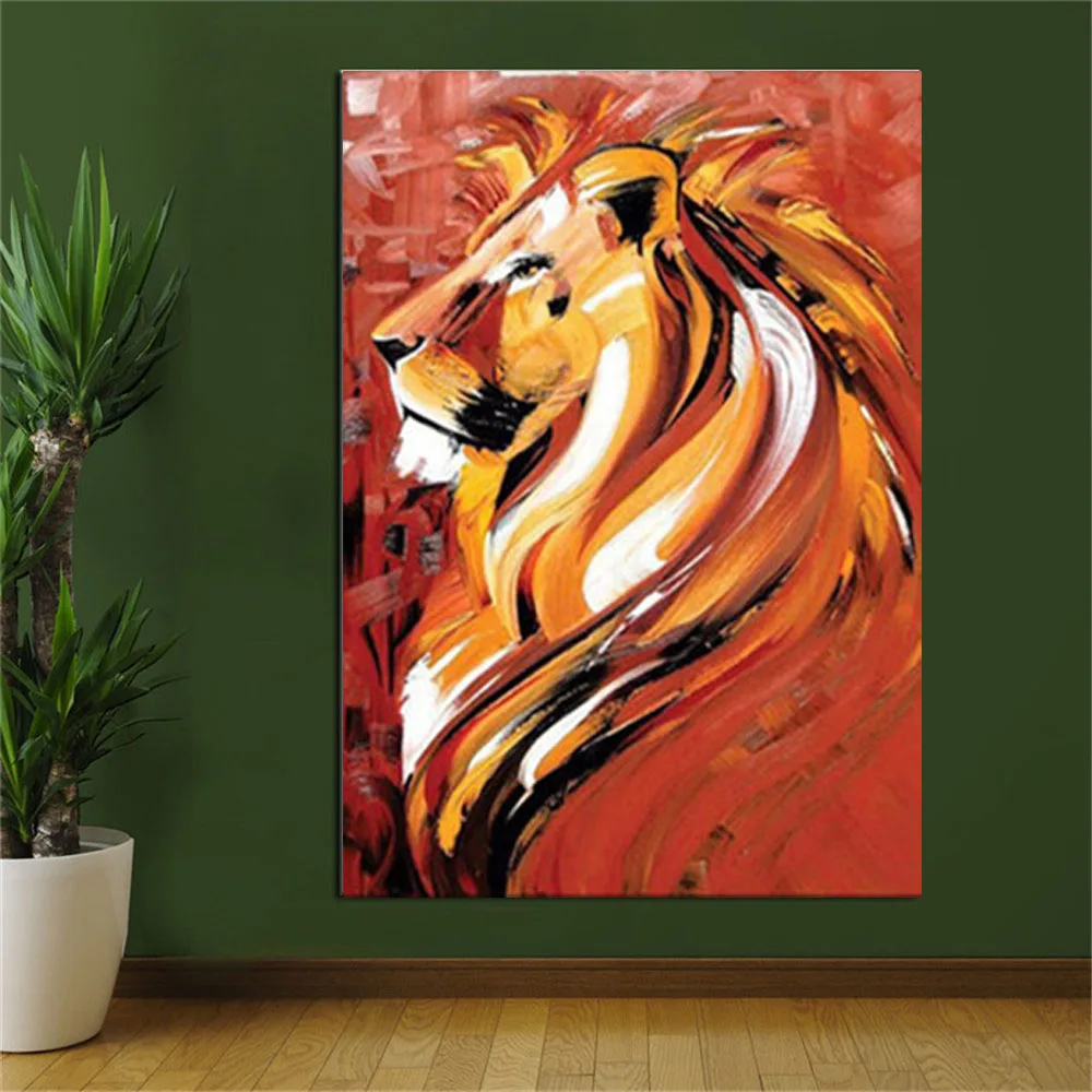 

100% Hand-Painted Abstract Oil Painting Animal Lion King Brown Power Guard Children's Room Theme Wall Art Modern Canvas Picture