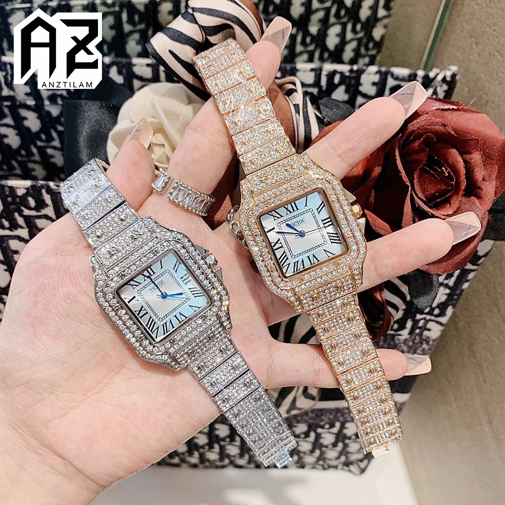 

AZ Quartz Iced Out Watch For Women Bling Stone Gold Silver Color Stainless Steel Waterproof Luxury Watch Male Women Wristwatch