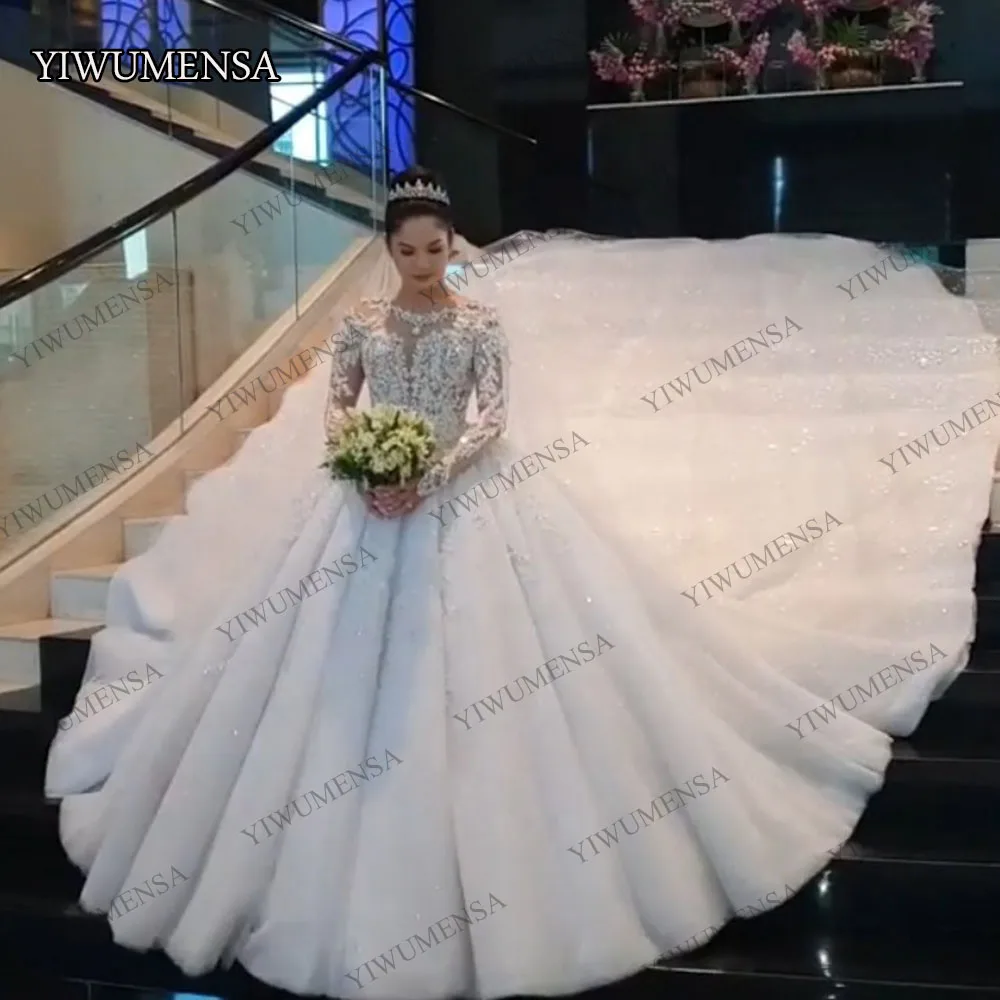 

South Africa Women Bride Dress Luxury Wedding Dresses Elegant Ball Gown Long Sleeve See Through Bridal Dress Royal Train 2020