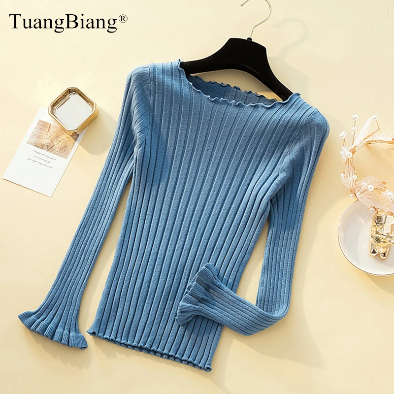 2021 Ruffled Collar Flare Sleeve Stripes Elegant Pullovers Women Ribbed Knitted Sweater Ruched Curled Cuff Elastic Office Jumper