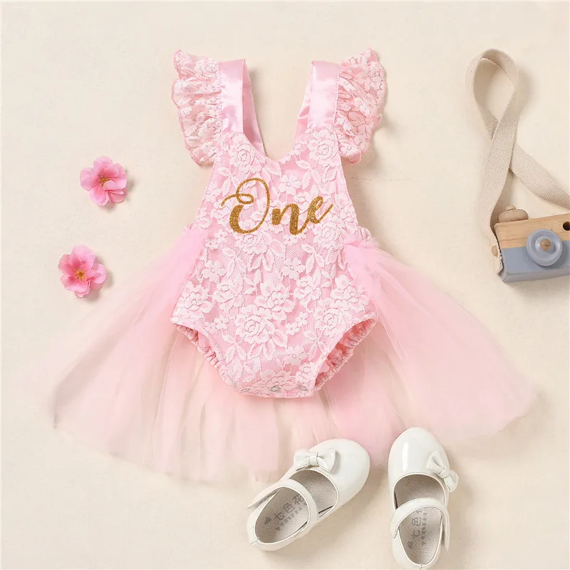 Vestidos de tule infantil com renda, macacões infantis, vestido de batismo de 1 ano