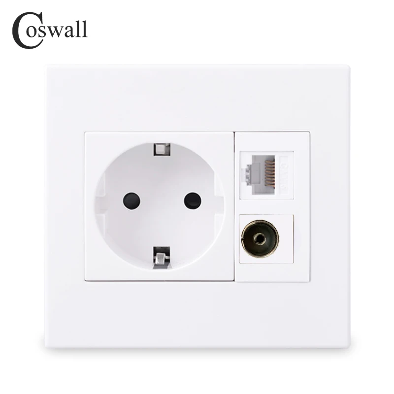 Coswall PC Panel 16A EU Wall Power Socket Grounded With Female TV Connector + 8 Core CAT6 RJ45 Internet Computer Data Outlet