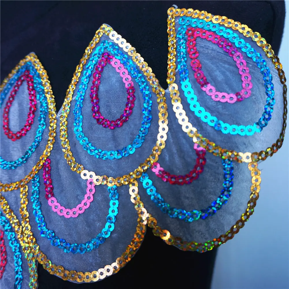 Gold Pink Blue Sequin Peacock Feather Fabric Collar Embroidered Appliques Iron Sew On Patches For Wedding Decoration Dress DIY