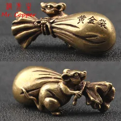 Antique Bronze Zodiac Little Mouse Big Gold Money Bag Figurines 2020 New Year Design Pure Copper Lucky Rat Feng Shui Ornaments