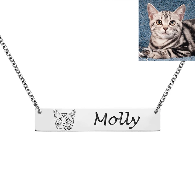 AILIN Silver 925 Custom Necklace Women Men Pet Photo Dog Cat Engraving Name Necklace Best Friends Bar Jewelry Personalised Gifts