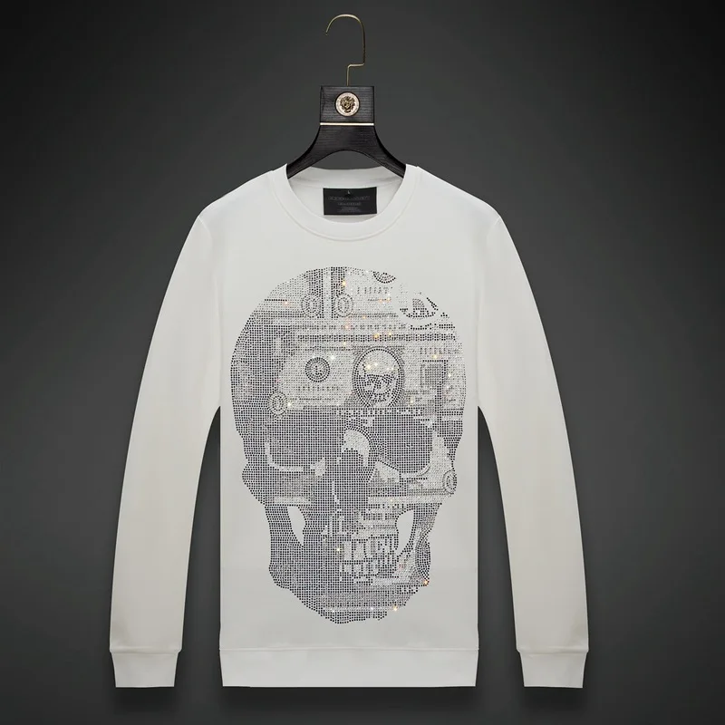 2024 Men Skull Rhinestones Hoodie Sweatshirt Fashion Streetwear Full Pullover Hoodie Black O Neck Cotton Mens Autumn Clothes 6XL