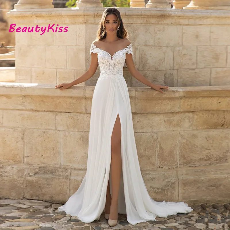 Bohemian Boho Wedding Dress Robe De Mariee Side Slit Chiffon Lace Beach Long Bride Dresses Sheer Neck Cap Sleeves Plus Size